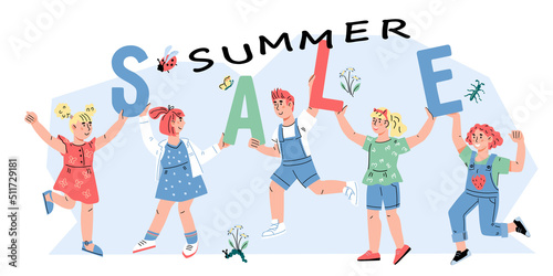 KIds fashion summer sale banner or poster template for online shop and store, flat vector illustration. Sale banner with cartoon children characters.