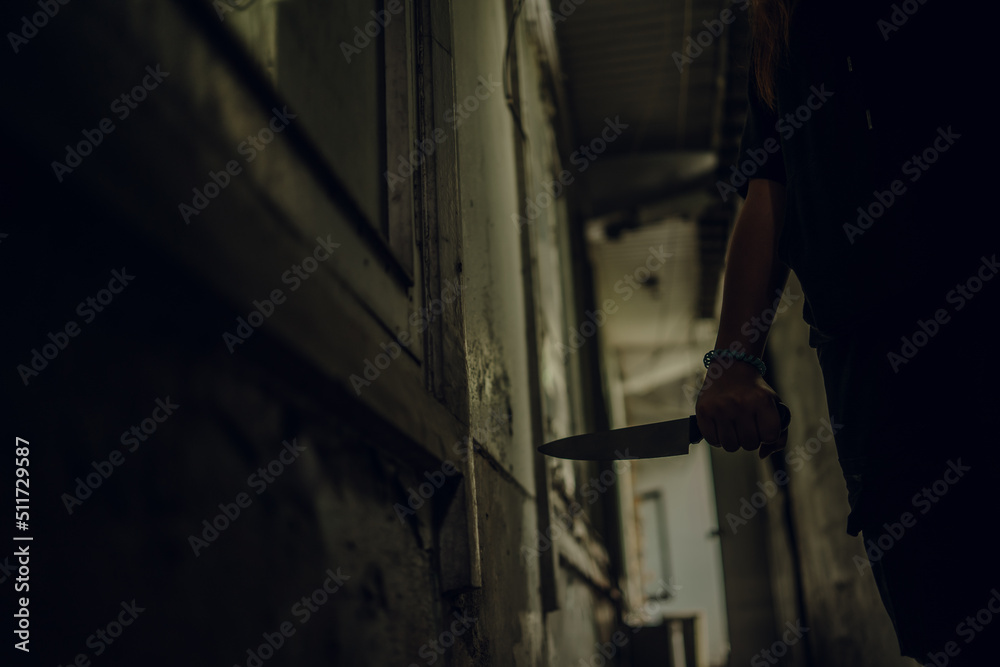 The shadow of a female murderer stood with a knife in a terrifying wasteland, illuminated from behind.Scary horror or thriller movie mood or nightmare at night Murder or homicide concept.