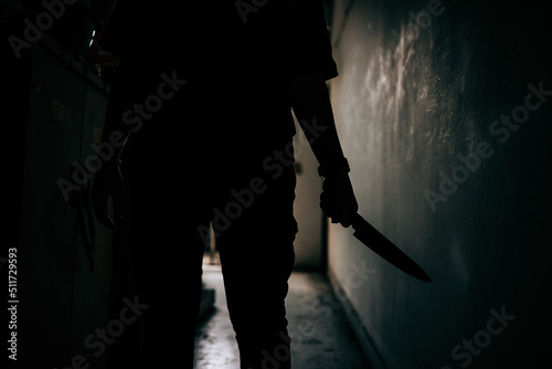 The shadow of a female murderer stood terrifyingly holding a knife and lit from behind.Scary horror or thriller movie mood or nightmare at night Murder or homicide concept. photo