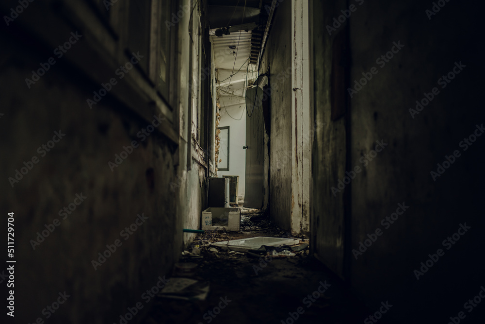 The corridors inside a terrifying abandoned building are like in a horror movie with leaves on the floor.The interior of an abandoned house, road to hell. An old abandoned building