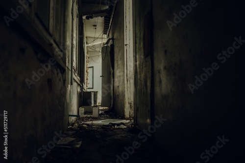 The corridors inside a terrifying abandoned building are like in a horror movie with leaves on the floor.The interior of an abandoned house, road to hell. An old abandoned building