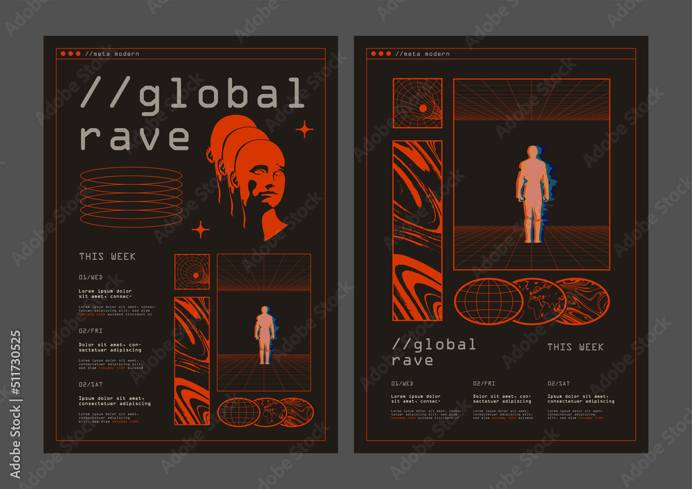 Abstract retro futuristic rave music party poster of flyer design templates with abstract sci-fi elements on black background. Vector illustration - obrazy, fototapety, plakaty 