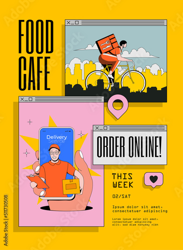 Food delivery service flyer or poster design template with vintage computer popup windows interface with delivery guy or courier illustration on yellow background. Vector illustration