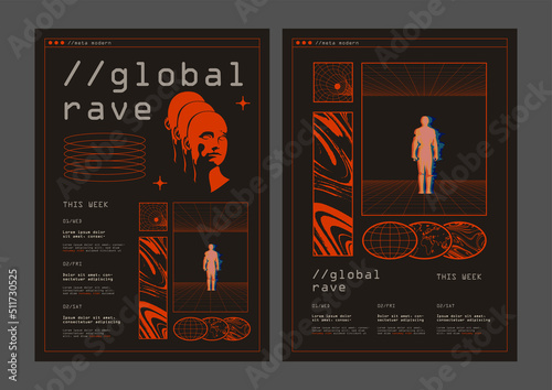 Abstract retro futuristic rave music party poster of flyer design templates with abstract sci-fi elements on black background. Vector illustration photo