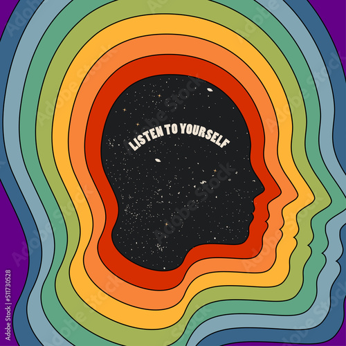 Fotografie, Obraz Vintage hippie styled motivation illustration with human head silhouette with starry night sky texture surrounded by rainbow with listen to yourself caption