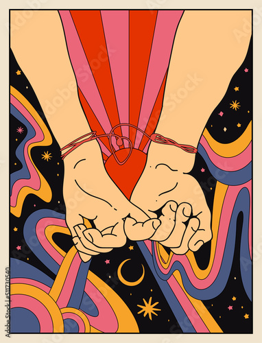 Love relationships retro hippie poster or card design with girlfriend and boyfriend holding hands on abstract vintage hippie background. Vector illustration