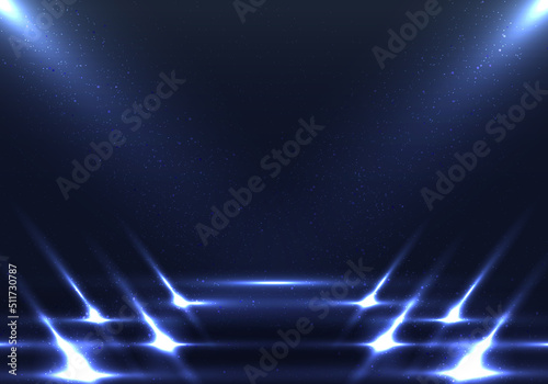 Empty fashion runway stage blue scene background with walkway spotlights and dust particles