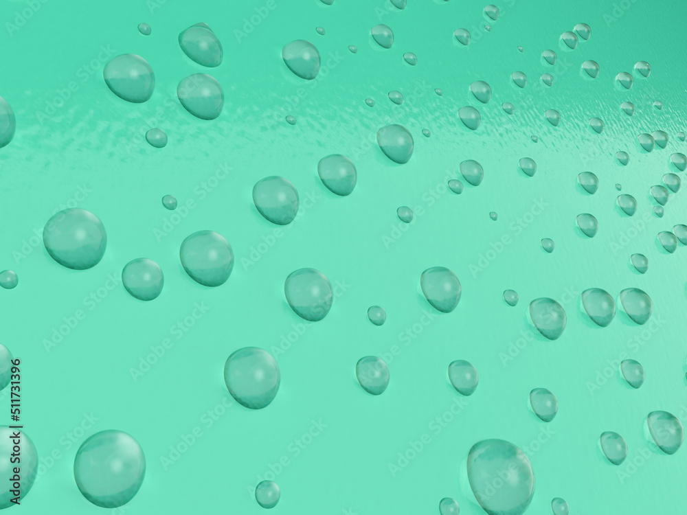 緑色のプラスチック樹脂製の壁に水滴の3Dイラストレーション。無数の水滴。結露した壁。