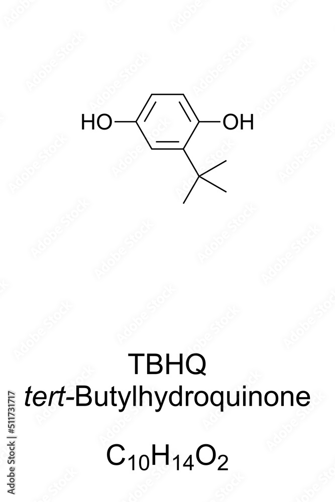 TBHQ, tert-Butylhydroquinone, chemical formula and structure. Also tertiary butylhydroquinone, a synthetic organic compound. E319, used as preservative for unsaturated vegetable oils and animal fats.