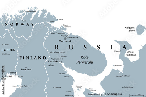 Murmansk Oblast, Kola Peninsula, gray political map Fototapet