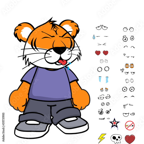 standing young tiger kid wearing tennis and jeans cartoon, expressions pack in vector format