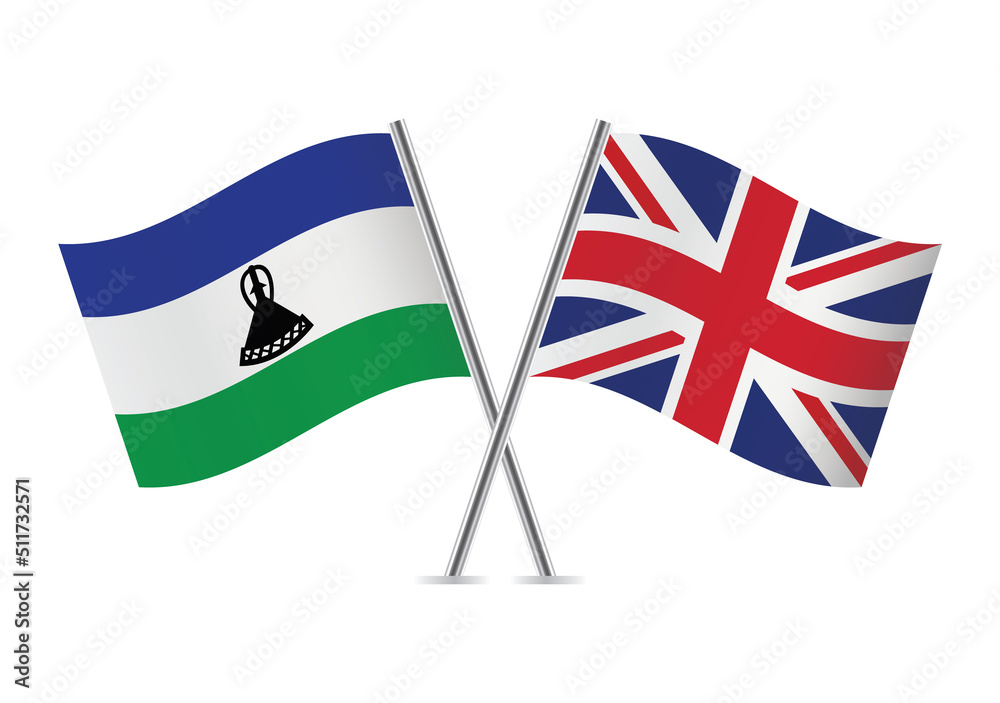 Fototapeta premium The Kingdom of Lesotho and Great Britain crossed flags. Basotho and British flags on white background. Vector icon set. Vector illustration.