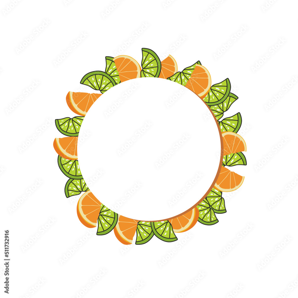 Lime and orange circle frame. Fresh and tasty. Wreaths banner design. Lime and orange circle frame. Fresh and tasty. Wreaths banner design.