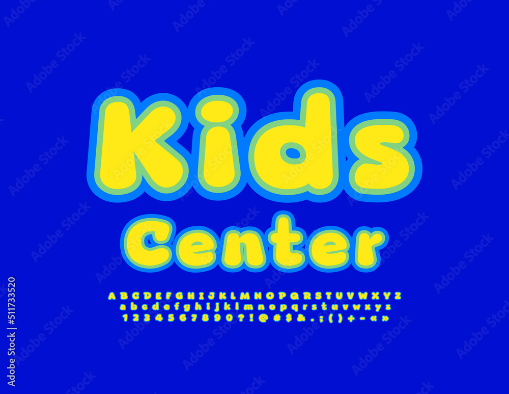 Fototapeta premium Vector creative banner Kids Center. Bright Children's Font. Artistic Alphabet Letters and Numbers.
