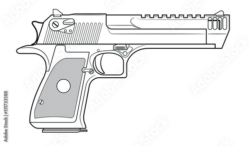 Vector illustration of the Desert Eagle automatic pistol with picatinny rail and cutouts on the breach on the white background.