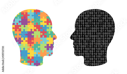 Two human heads with opposite thinking. Rational and creative thinking. Binary computer code and multi color puzzles. Vector illustration.