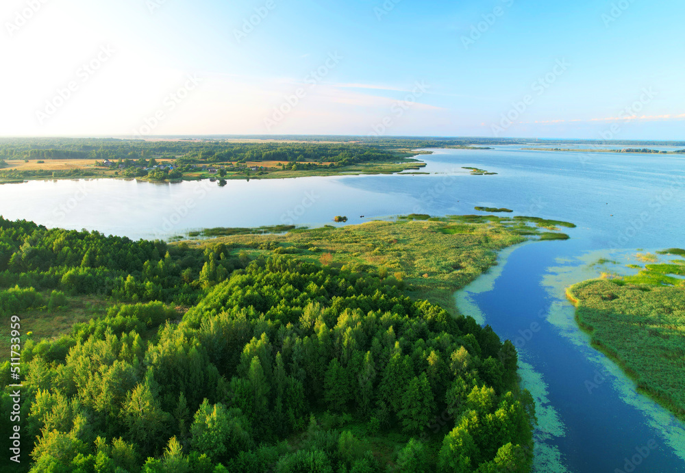Lake in wild nature, aerial view. Lake on sunset in summer. Aerial panoramic landscape view of lake in wildlife. Drone view of wetland in green colors. Rural environment, clean air and ecology. Pond.