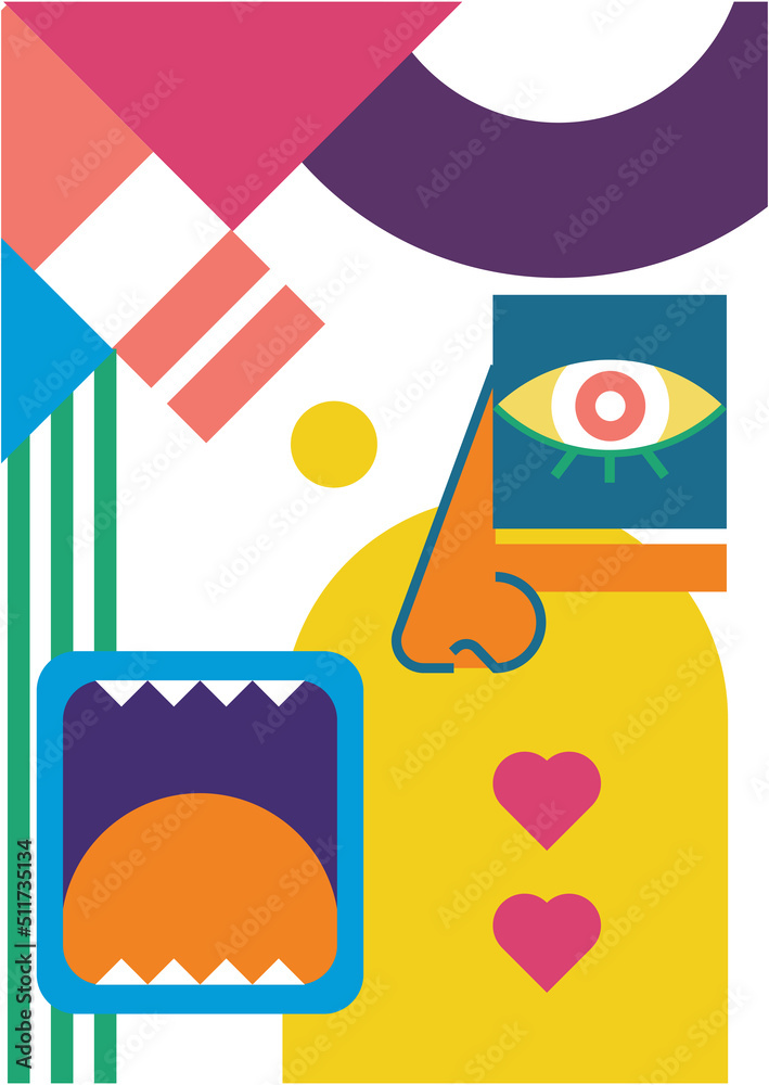 Fototapeta premium Abstract pop art collage surrealism face design vector illustration. Designed for NFT, token, wallpaper, poster, crypto, punk, aesthetic poster. NFT token in crypto artwork for blockchain digital art