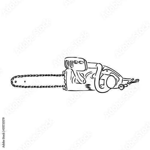 Doodle illustration of a chainsaw. Gardening power tools. The cutting of trees. Building tool.