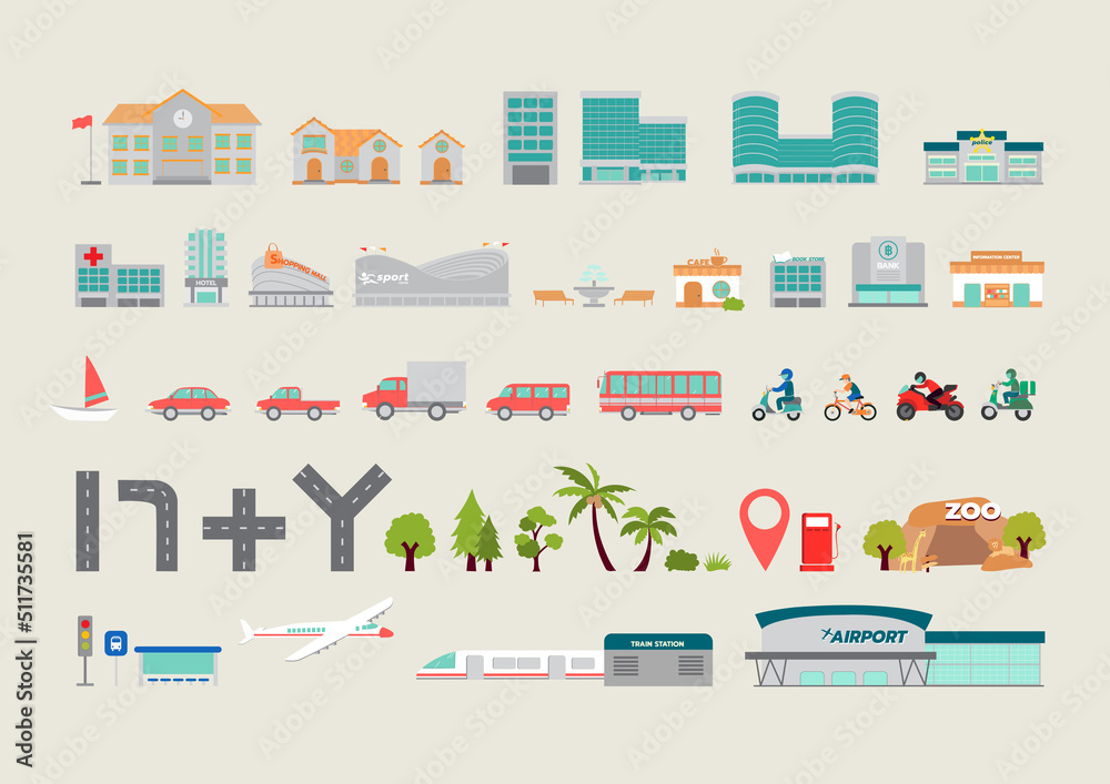 Map element illustration vector icon set including house, tree, building, transportation and infrastructure icons
