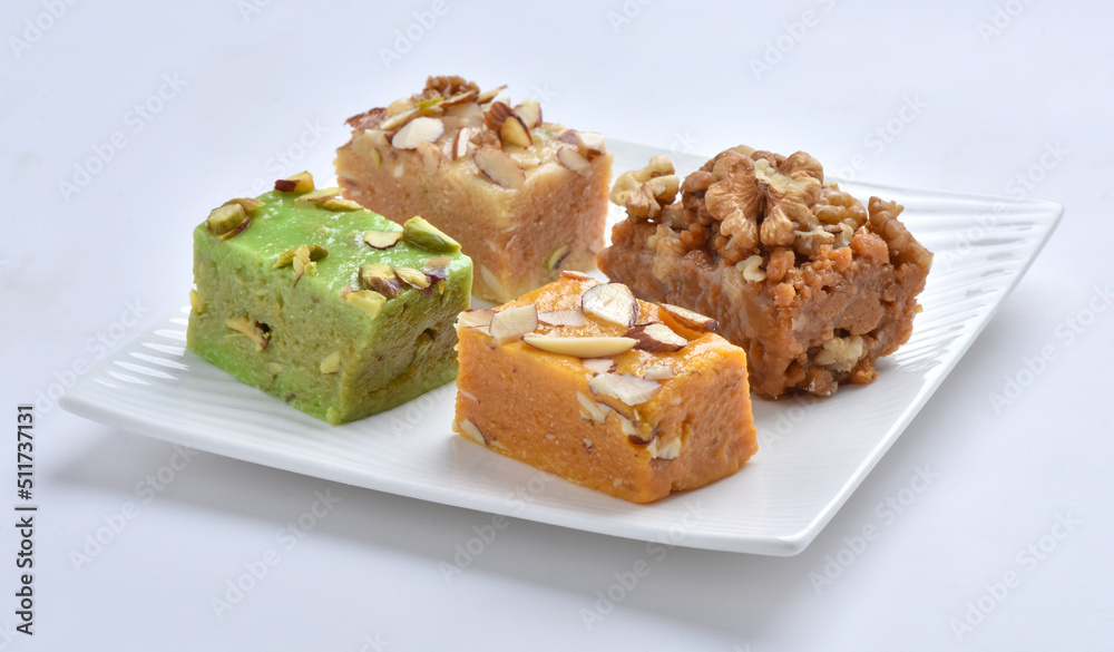 Mix Halwa, A delicious collection of different healthy traditional sweets, made by desi ghee (butter oil), dry fruits and milk.