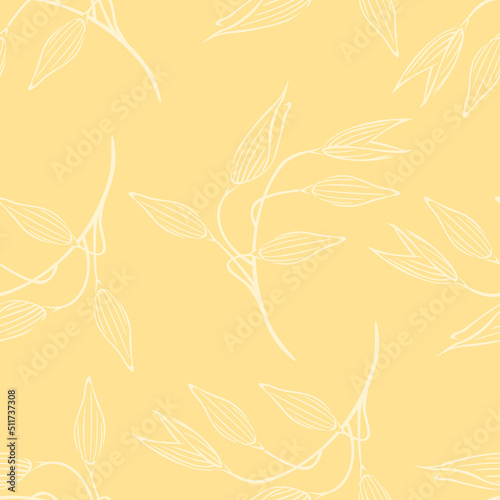 Ears of oat on yellow background. Botanical seamless pattern. Vector outline illustration of agricultural plant.