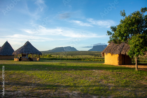 Indigenous dwellings of the Bolivar State. National park Canaima. Pemona houses. Palm roofs. Guayanes Massif.