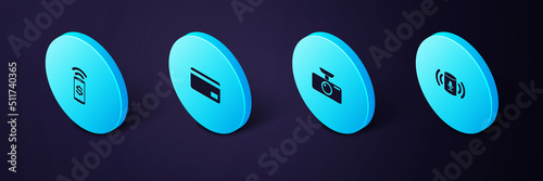 Set Isometric Voice assistant, Car DVR, Credit card and Contactless payment icon. Vector