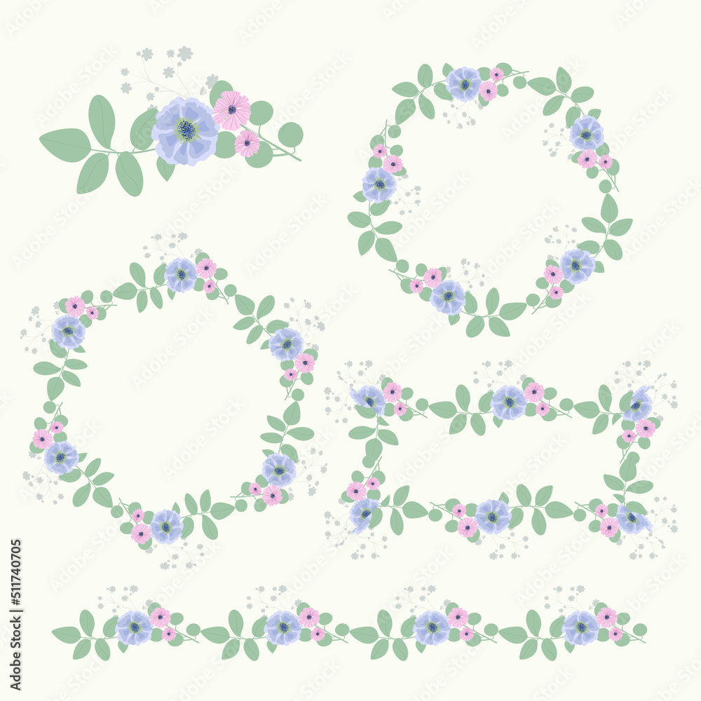 Vector shapes frame. Vector floral wreath with pink, blue and purple flowers. Vector shapes frame. Vector floral wreath with pink, blue and purple flowers.
