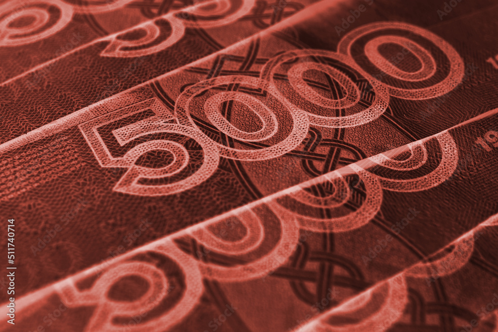Russian banknotes 5000 rubles close-up. Dark inverted financial background. Red tinted money wallpaper. Fragment of a bill with focus on the denomination figure. Economy and currency in Russia. Macro