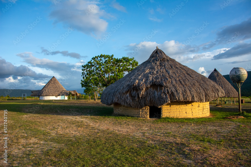 Community of the Pemon Indians in the Canaima National Park. thatched roof houses