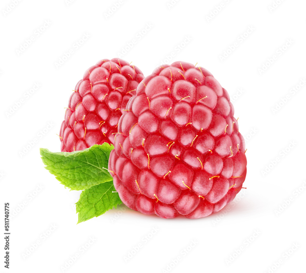 Two fresh raspberries isolated on white background with leaf Two fresh raspberries isolated on white background with leaf
