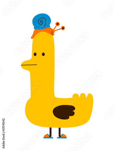 Funny chicken yellow bird wearing slippers with his snail friend on a white background - vector illustration (ID: 511741542)