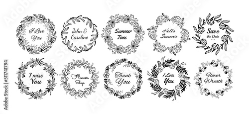 Circle flower wreath. Black floral frame elements with botanical leaf for nature spring cards, rustic wedding elegant decor. Herbs or blossoms, branches and flowers. Vector illustration set