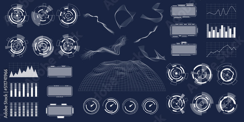 HUD. Cyberpunk interface elements set. Techno, futuristic and scifi digital game. Box border with chart and dashboard. Circle or square cyber frame with arrow. Vector graphic background