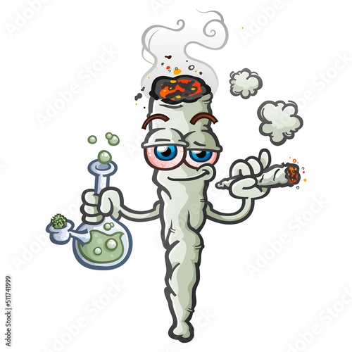 A happy, stoned marijuana joint cartoon character holding a water bong