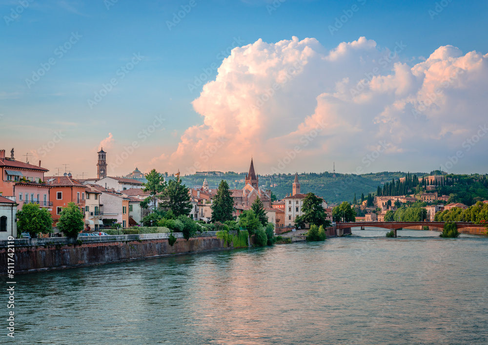 Fototapeta premium View of Verona from Ponte della Vittoria, a bridge that spans river Adige. Verona is a historic city in Veneto, Italy and a very popular tourist destination.