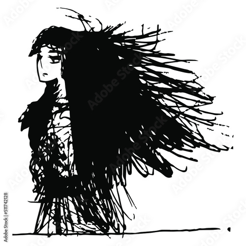 Young pretty woman with long loose dark hair. Hand drawn linear doodle rough sketch. Black silhouette on white background.
