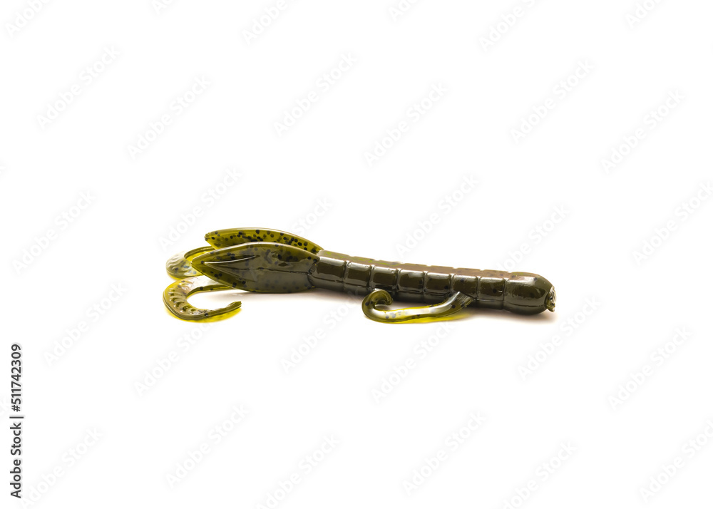 One plastic critter lure for swimming creature bait isolated on white background One plastic critter lure for swimming creature bait isolated on white background
