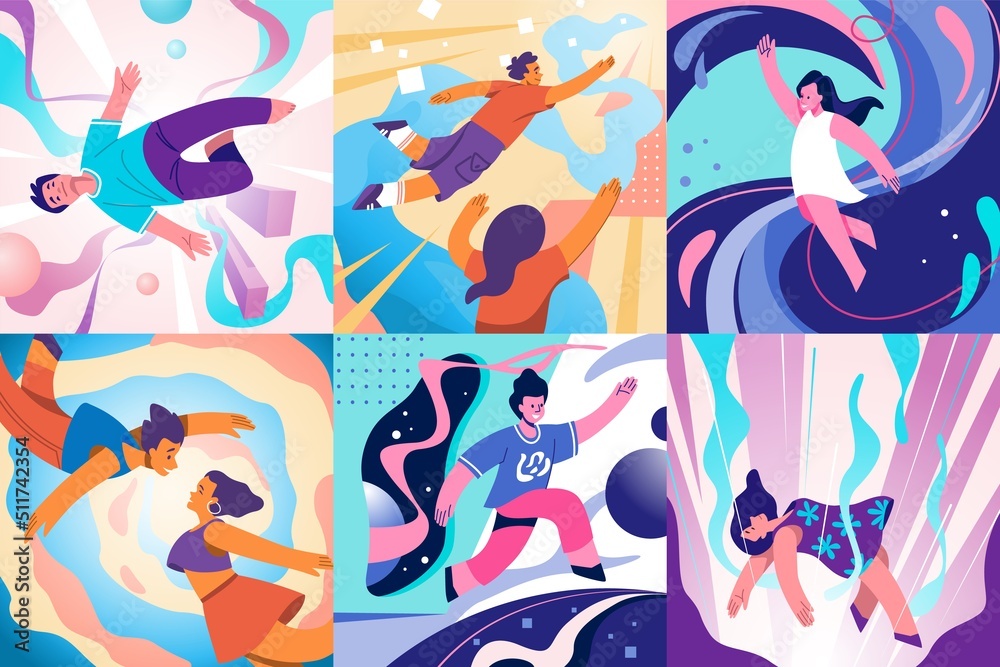 Flying people in fantasy. New space explore person on abstract universe. Man and woman in imagination floating. Positive girls and guys in different poses. Vector gravity dream character set