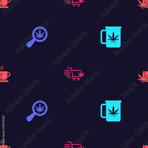 Set Cup tea with marijuana, Magnifying glass and, Shopping cart and on seamless pattern. Vector