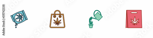 Set Marijuana or cannabis seeds, Shopping bag of marijuana, Watering and icon. Vector