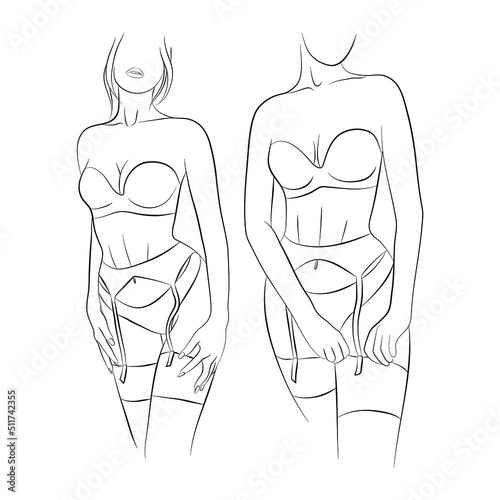 Vector illustration set of a young woman in lingerie: bra, panties, belt and stockings