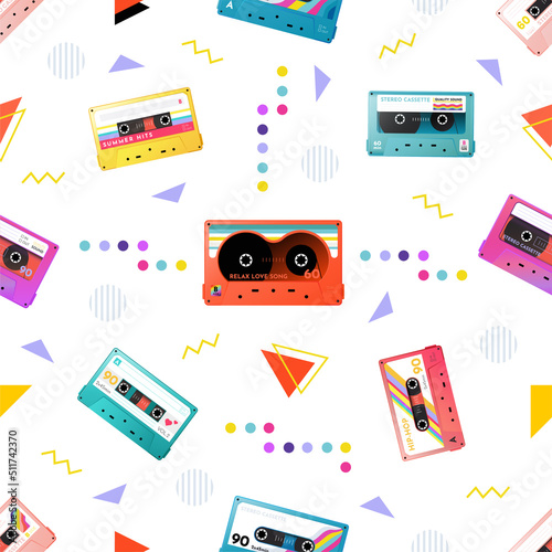 Retro 80s funky cassette. Seamless pattern. 70s music tape, vintage pop art and graphic print, audio fun mix. Decor textile, wrapping paper and trendy hipster wallpaper. Vintage vector print