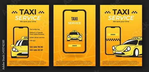 Taxi poster. Car race service flyer or sport banner layout. Delivery ad promotion. Order automobile app. Cab drive brochures set. Smartphone application. Vector design yellow template