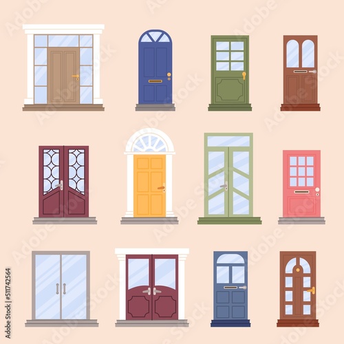 House doors with windows. Front of apartments, wooden and glass home wall. Bright colors architectural modern and classic exterior elements. Vintage and decor objects, vector illustration set