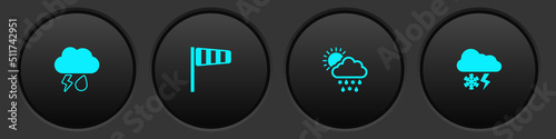Set Cloud with rain and lightning, Cone windsock wind vane, snow, rain, sun and icon. Vector
