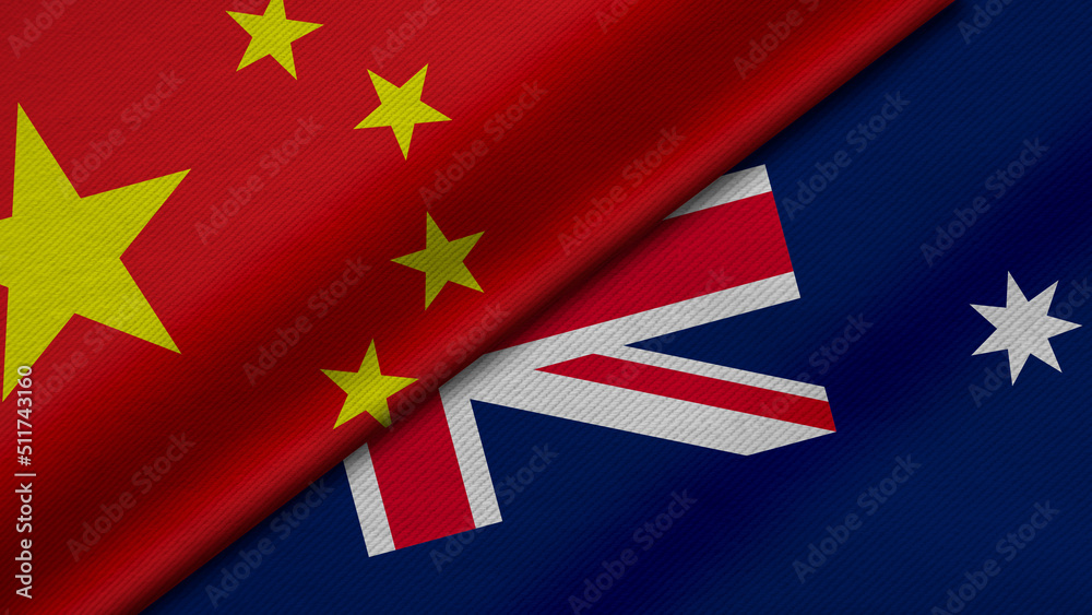 3D Rendering of two flags from China and Commonwealth of Australia with fabric texture, bilateral relations, peace and conflict between countries, great for background