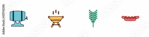 Set Wooden barrel on rack, Barbecue grill, Wheat and Hotdog sandwich icon. Vector