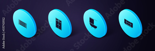 Set Isometric TV table stand, Bathtub with shower curtain, Wardrobe and Chest of drawers icon. Vector